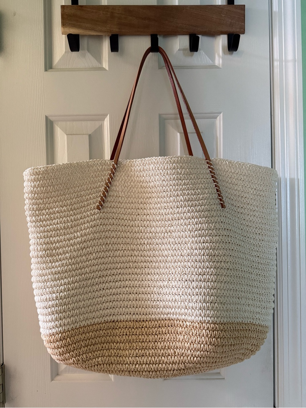 Anthropologie Cream and Tan Straw Tote with Brown Handles - Picture 4 of 4